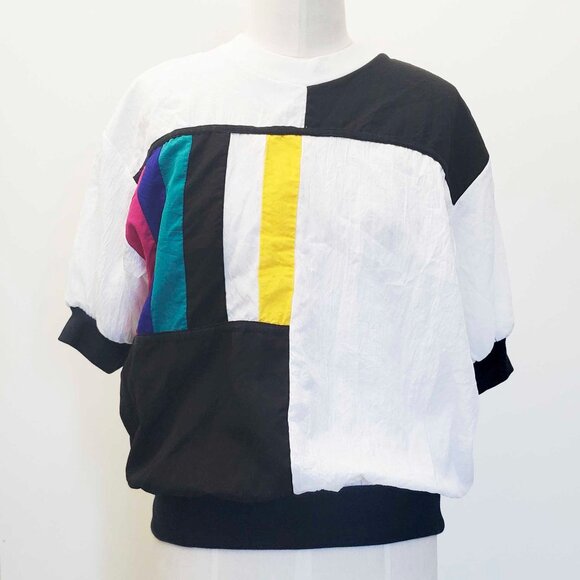 Vintage Tops - 80s Teddi Sport Womens Crinkle Color Block Windbreaker Top Short Sleeve Shirt M